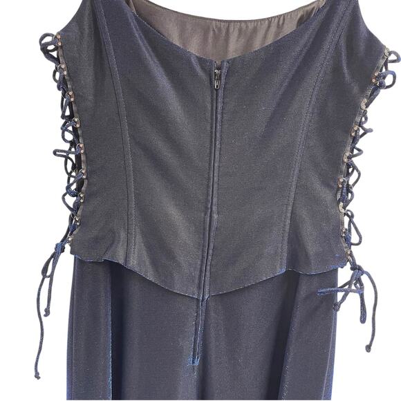 Beautiful Cache Dress Shiny Iridescent Blue Full Length 4 Vintage Lace Sides - Picture 7 of 9